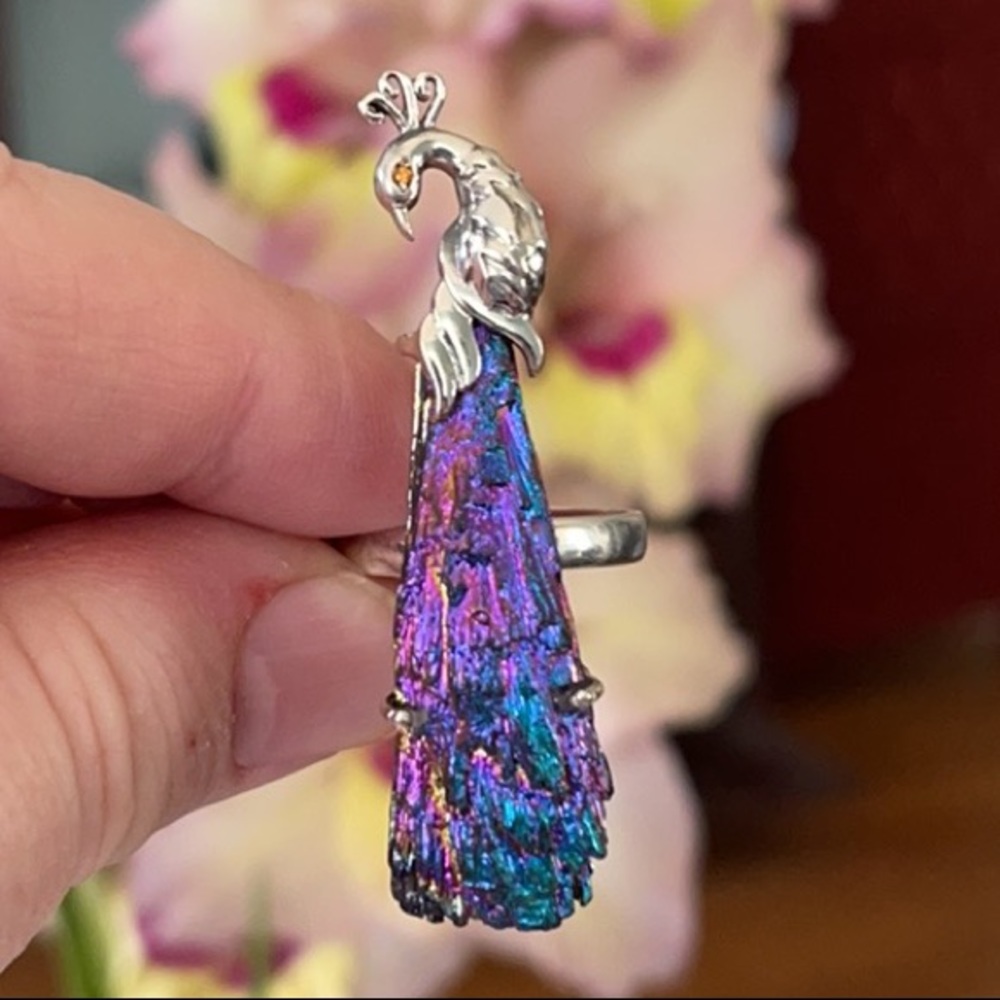 Peacock Rainbow Aura Kyanite Silver rings - Picture 3 of 11